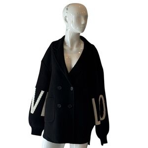 Xchang’e Love Themed Black & White Wool Peacoat Double-Breasted Jacket Size M